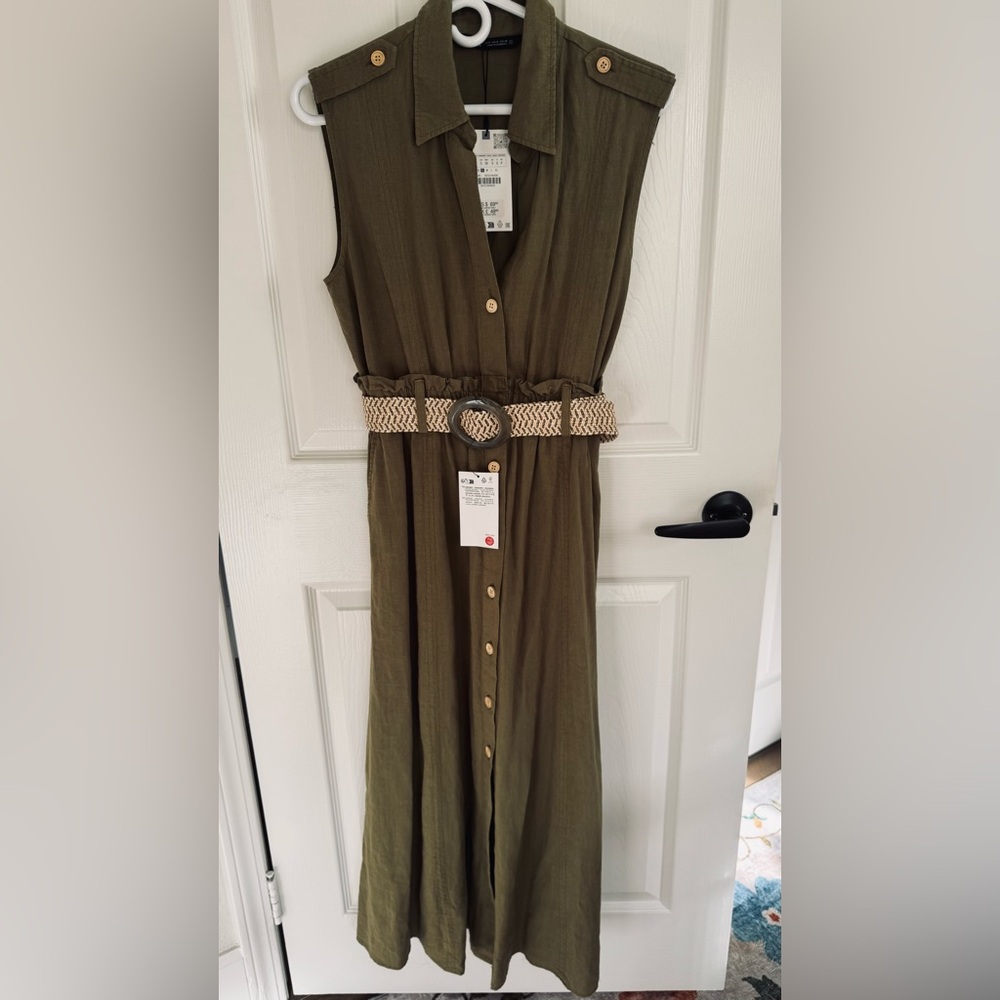 Zara Khaki Midi Dress with Woven Belt